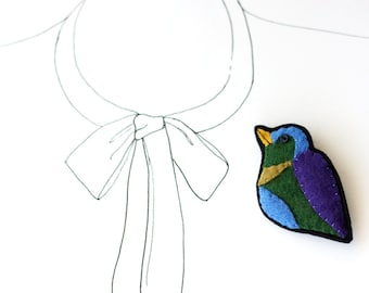 Bird Brooch Felt Pin - Colorful Green Blue Purple Colorblock