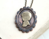 Personalized Necklace Silhouette Cameo Oval Handcut from Copper and Brass