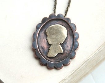 Personalized Necklace Silhouette Cameo Oval Handcut from Copper and Brass