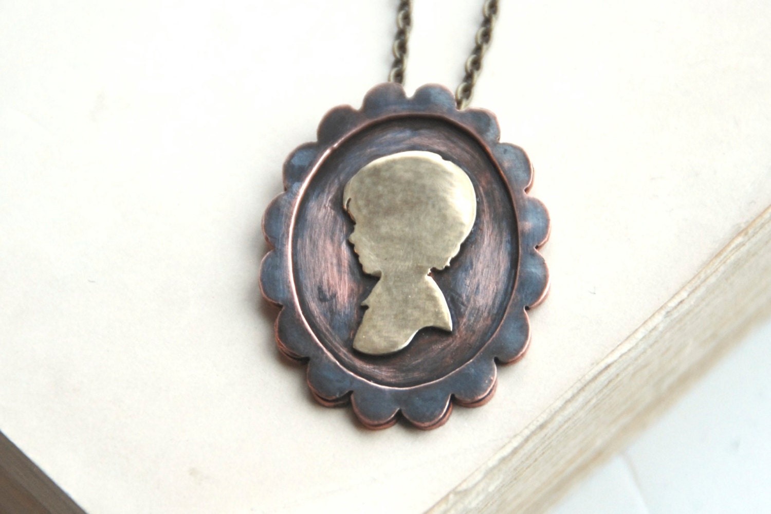 Personalized Necklace Silhouette Cameo Oval Handcut from Copper and Brass