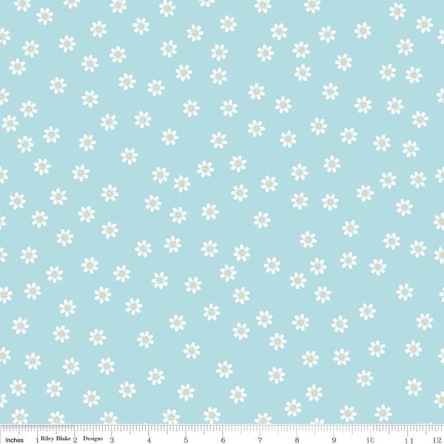 ON SALE - 1 yard Polka Dot Stitches Blue Daisy by Riley Blake
