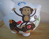 Personalized Large Piggy Bank-Kids Line Road Rally- Monkey Bear-Newborns,Boys,Girls ,Ring bearer, Flower Girl,Baby Shower Gift Centerpiece