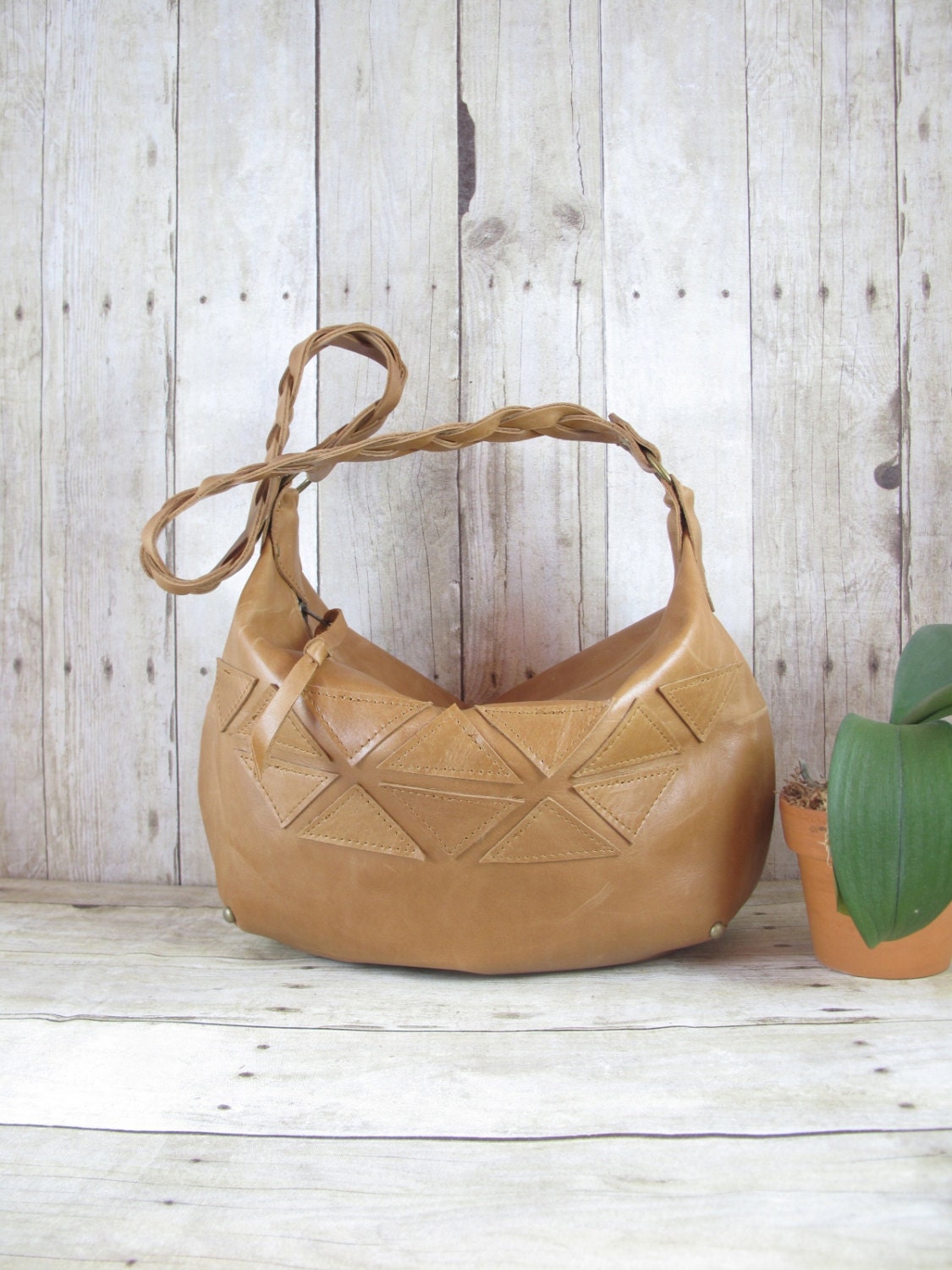 Slouchy Leather Hobo, Tan Leather Bag, Geometric Triangle Bag, Distressed Leather