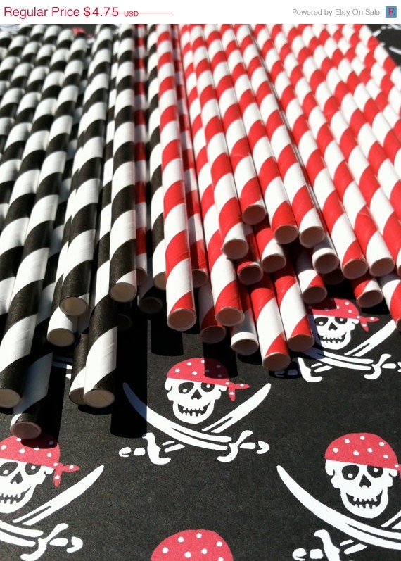 ON SALE NOW Pirate Party Red and Black Stripe Paper Straws Set of 30.... w/ Diy Blank Printables, Retro, Vintage Inspired, Biodegradable