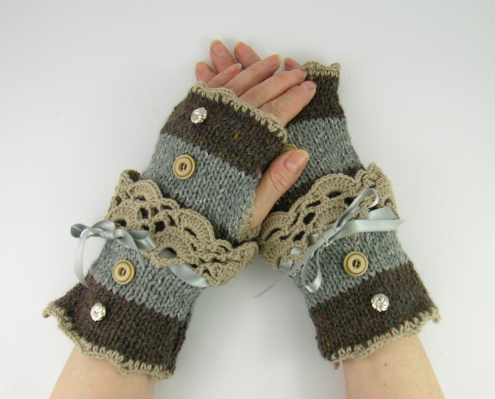 Knit fingerless gloves arm warmers fingerless mittens women grey brown tweed beige lace romantic victorian curationnation