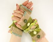 Knit fingerless gloves arm warmers fingerless mittens alpaca silk mohair lambswool olive green beige pastel tagt team