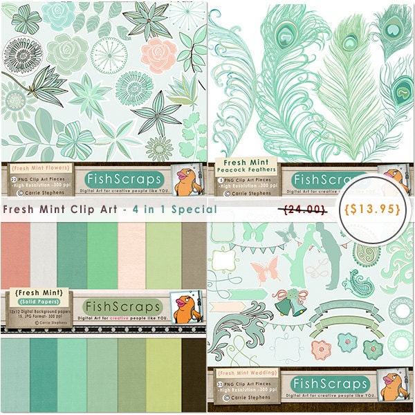 Fresh Mint Flowers & Wedding Clip Art - Special Offer - Sale (4 in 1) Graphics Pack - ClipArt and Digital Papers Collection