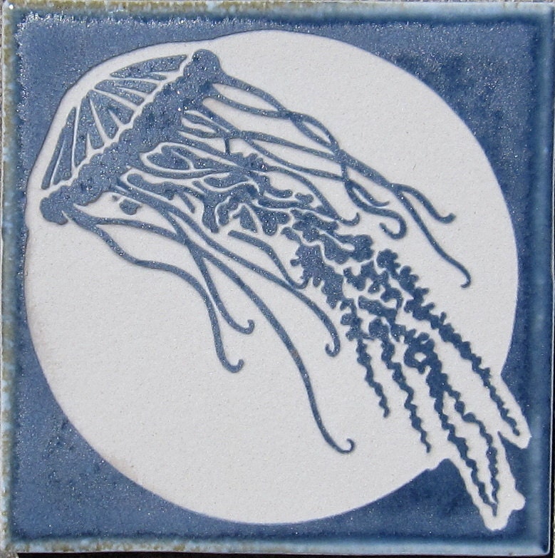 Jellyfish- Azure Blue Etched 4x4 Porcelain Decorative Tile - SRA