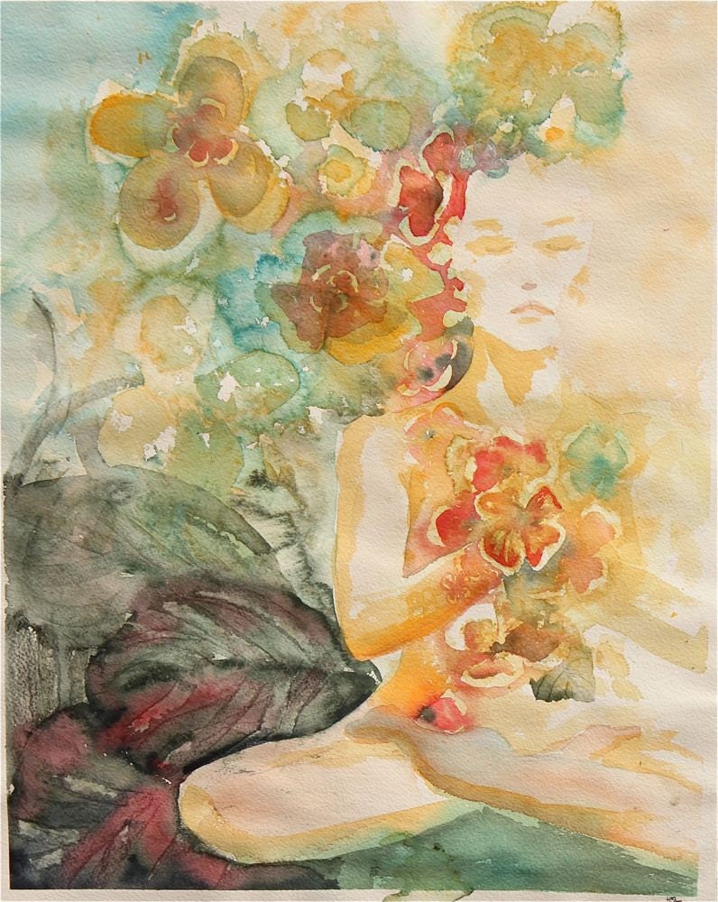 heart center- an original watercolor painting, yoga, meditation, flowers, calm, gold, red, turquoise, yellow flowers, spring, summer