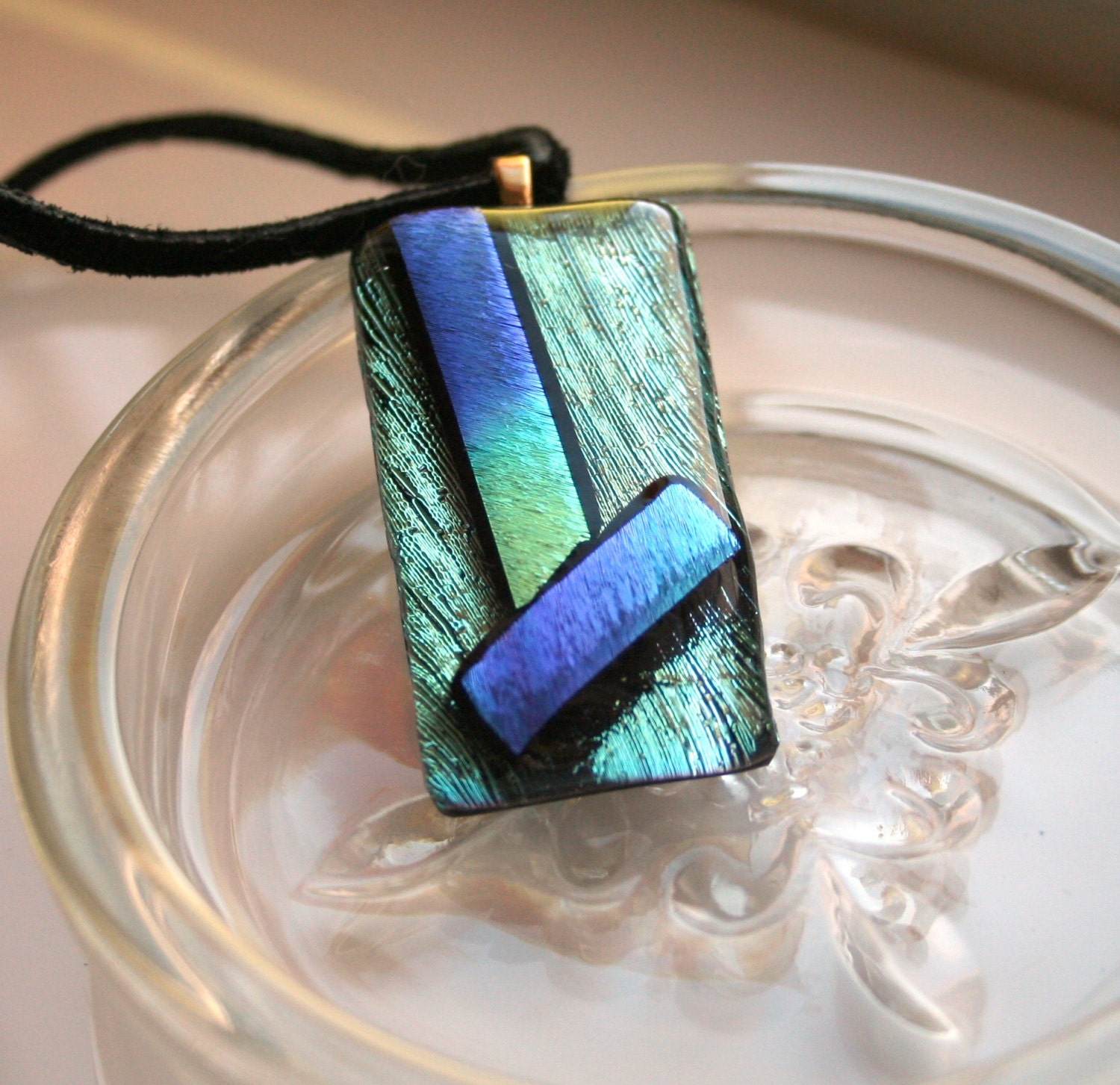 Fused glass pendant Women crinkleized dichroic gold blue.