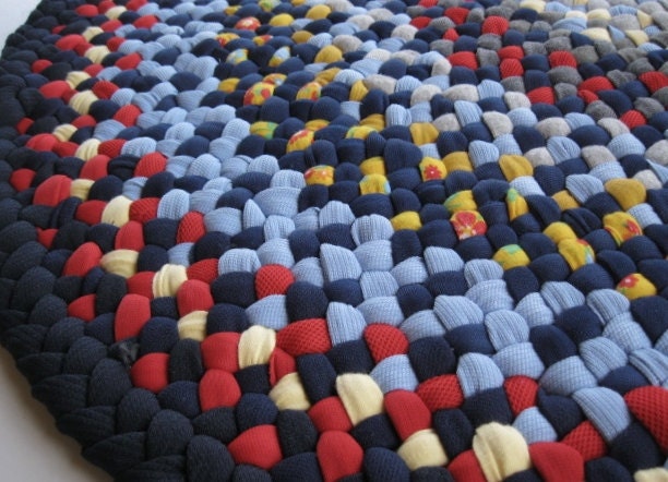 Ready To Ship Braided Round Rug in Blues and Reds from recycled cotton