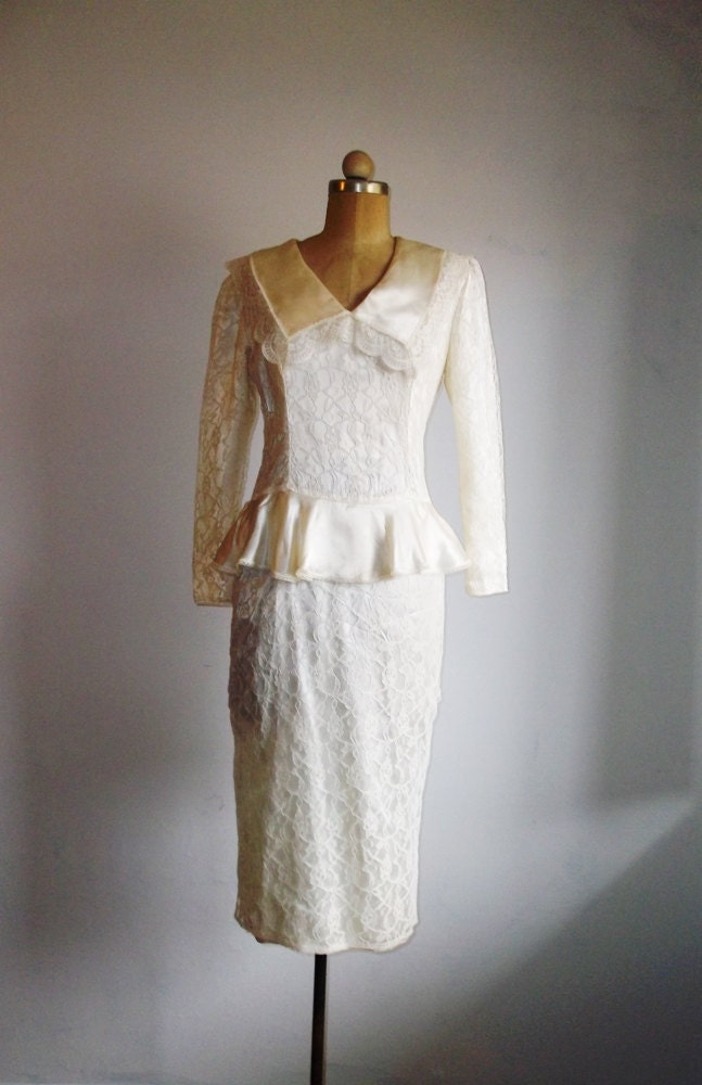 80s Gunne Sax cream peplum dress / bustle and bows / bridal /s sm