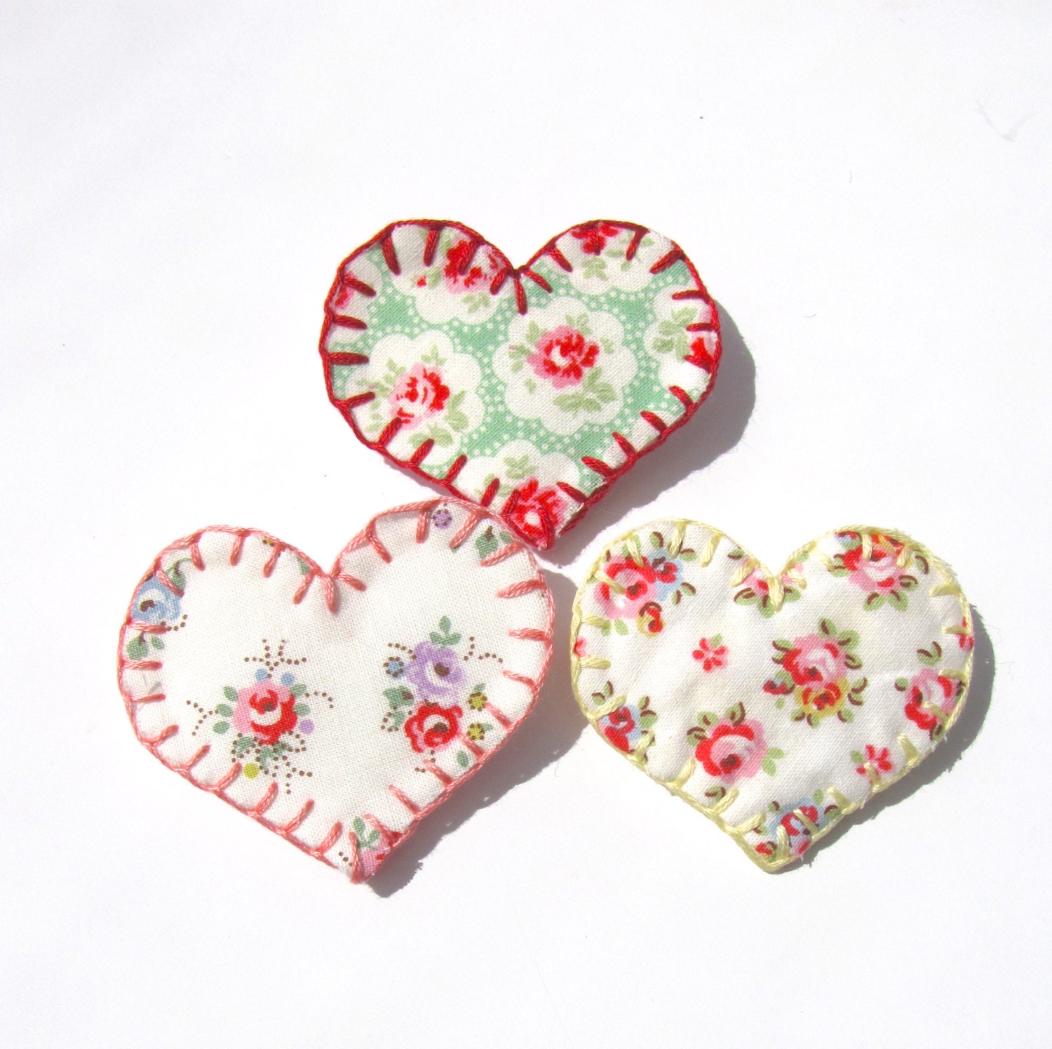 Trio of Cath Kidston Brooches.  Soft Fabric Heart Brooch Pins. Sweet Florals on White & Green. Handmade by mirrymirry