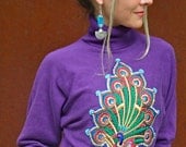 Embroidered PEACOCK TURTLE NECK sweater Purple Sweater Boho Bat Wing sweater Dress up top Applique Hippie clothing eco friendly women M