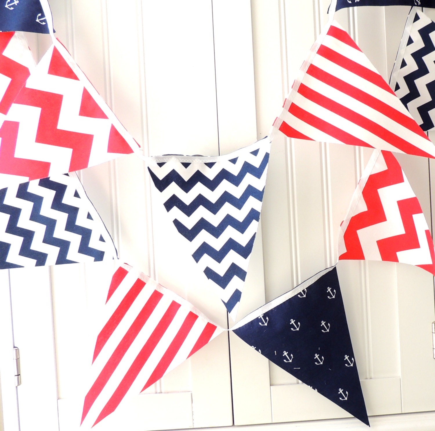 9 Fabric Flag Bunting, 4 Feet Banner, Navy, Red, White, Nautical Party, Anchors, Chevron, Boy Nursery, Baby Shower