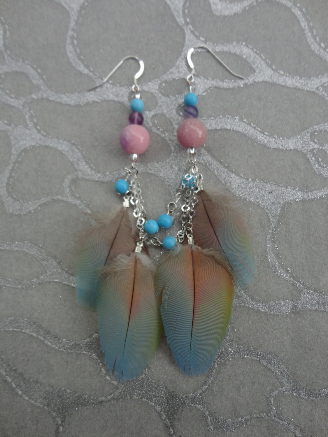 OOAK Feather Earrings - Tri-colored Parrot Feathers in Blue Peach n Red w Solid Sterling Silver Chains w Real Turquoise Quartz & Amethyst