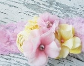 Luxe Pink Lemonade- light and yellow rosette with chiffon and silk flower headband with netting and feather