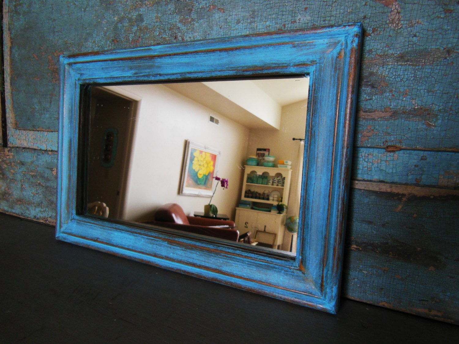 Mirror Wood Frame Turquoise Distressed  8.75" x 13"
