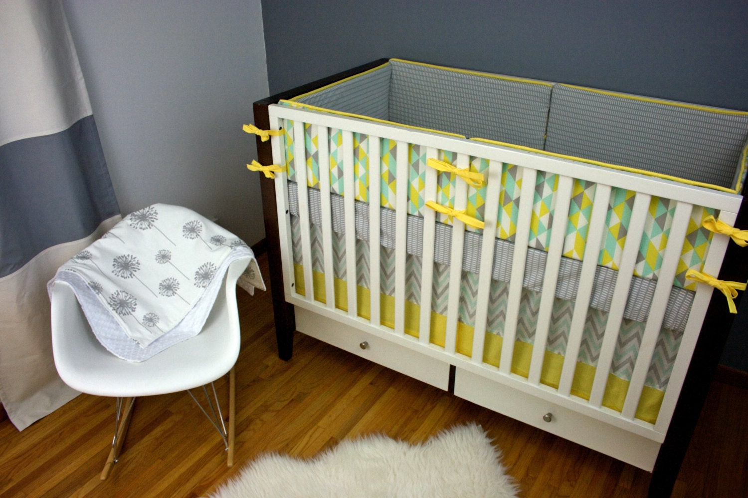 Organic READY TO SHIP Upgraded Bumpers/ Sheet/ Skirt with Trim (Modern Baby Bedding Crib Set)