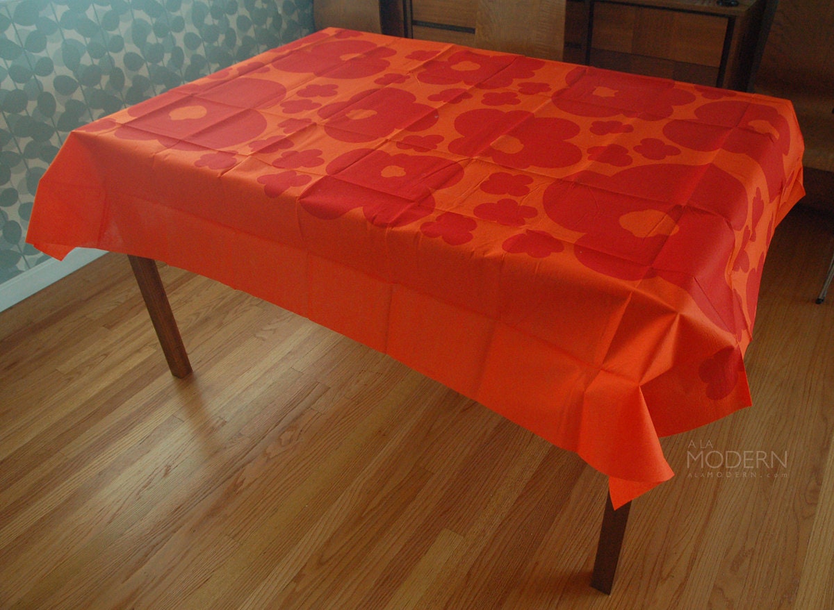 Rosenlew Finland Red Orange Floral Tablecloth Non-Woven Fiber