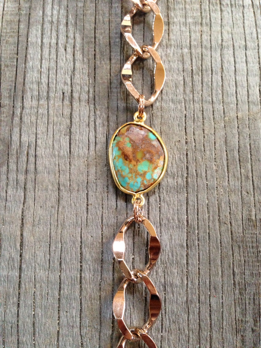 Bezel Set Turquoise Stone Bracelet with Rose Gold Chain