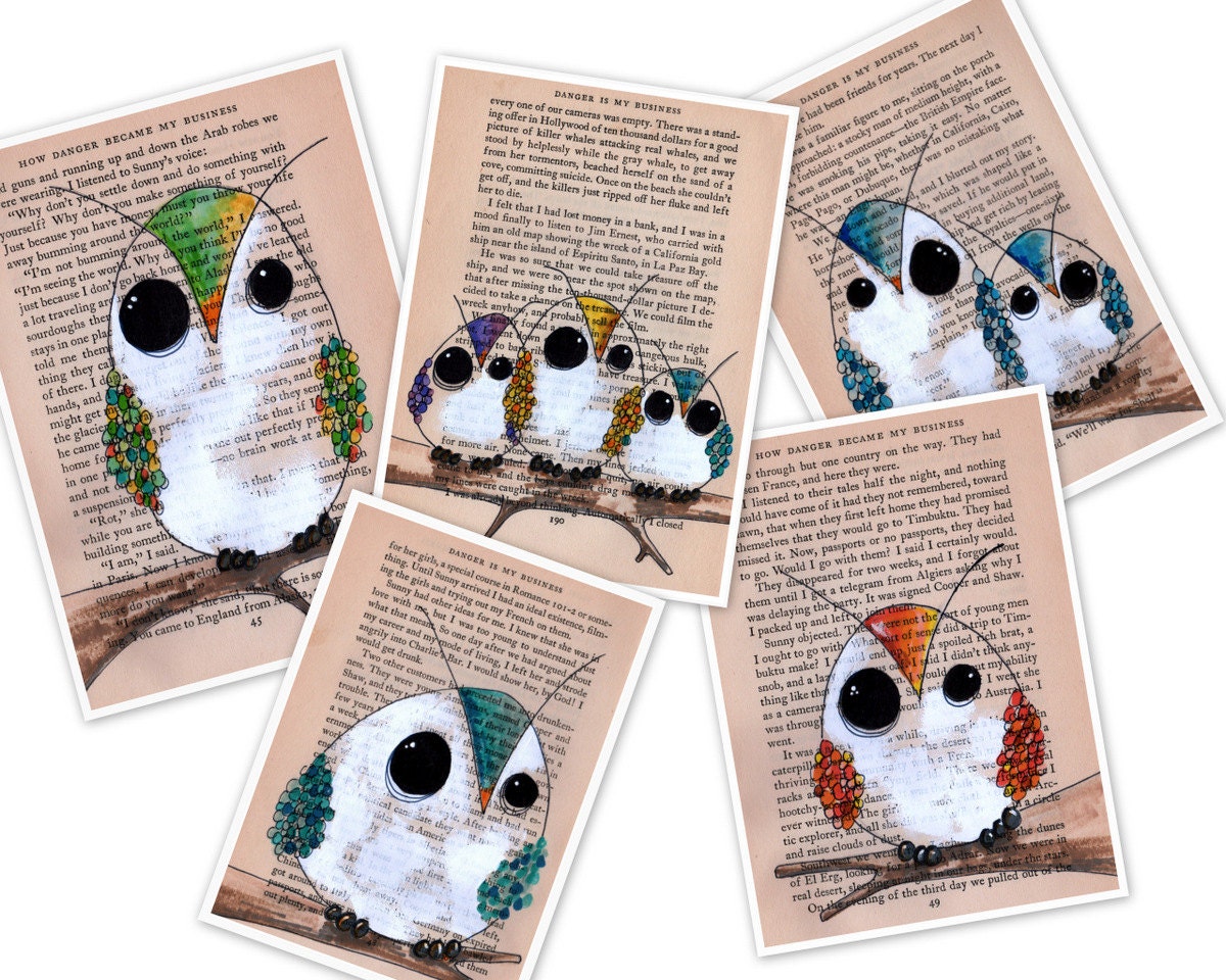 owl art prints - set of 5 owl are prints in 5x7 size - owl drawings on vintage paper now in affordable print form