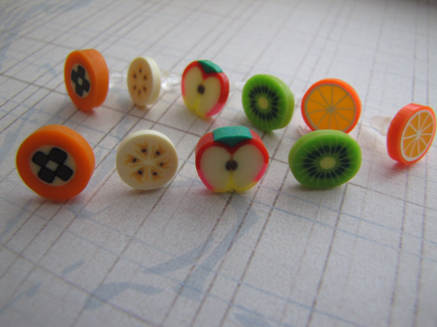 Fruit Salad . post earrings . polymer clay . girls jewelry . orange kiwi apple banana papaya