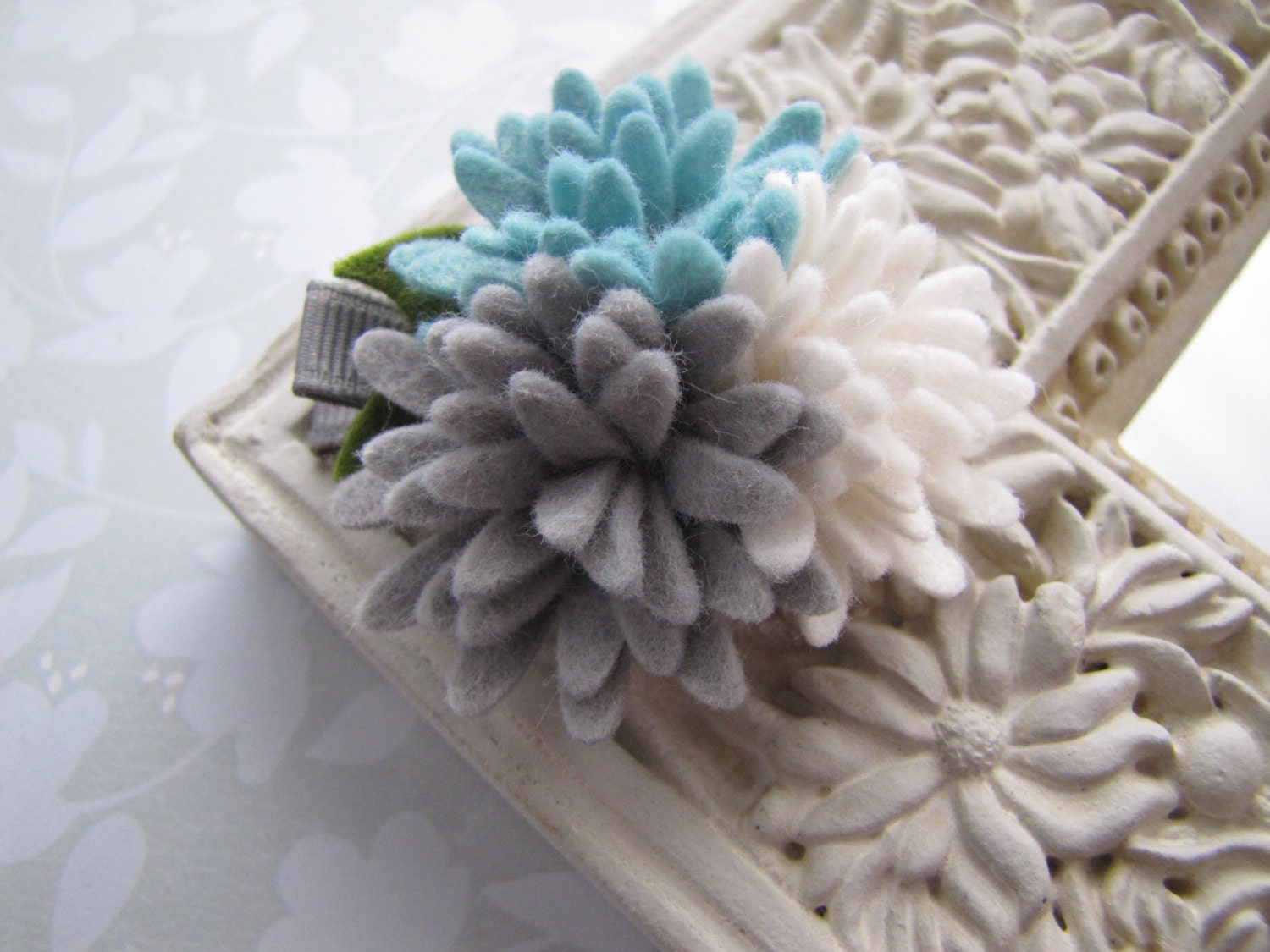 Icy Bouquet . felt flower cluster . girls hair accessory . clippie . blue gray white