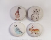 Linen Buttons Covered In Unique Animal Prints 1.49inch (38mm) Set of 4 Budgie Cat Rabbit Duck