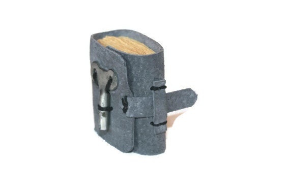 Small Gray Leather Journal with Vintage Clock Key and Closure