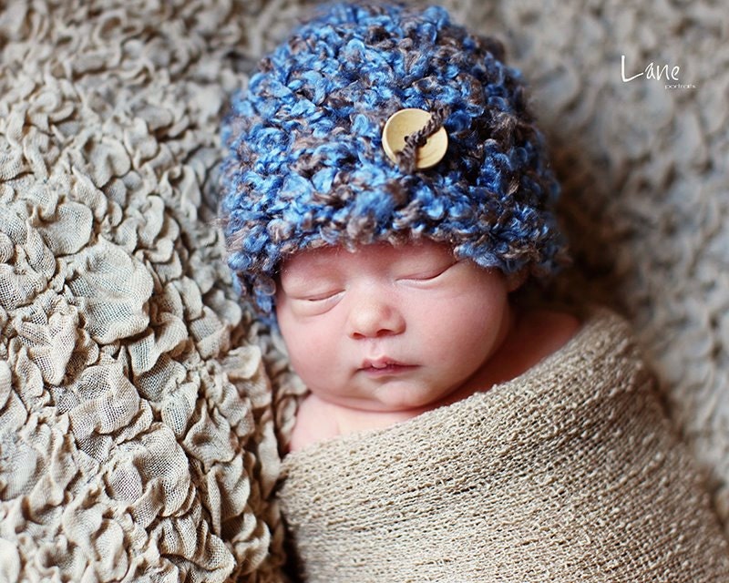 Baby Boy Hat, Newborn Baby Boy Crochet Hat in Blue and Brown, Great for Photo Prop