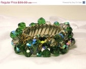 Vintage Crystal Expandable Cha Cha Bracelet Green and Clear Aurora Borealis Finish