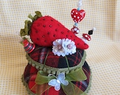Hand Beaded Strawberry Vintage Red Black Wool Fabric 2 Tier Pin Cushion