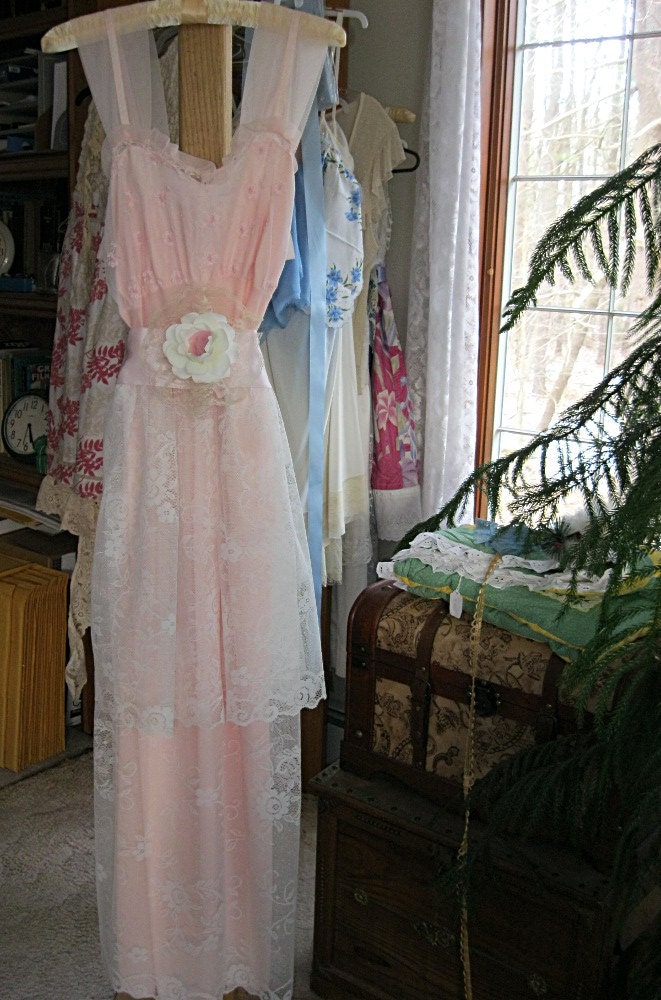 Floor length pink prom dress, prom gown, romantic dress, lace dress, maxi dress, vintage lingerie slip over dress, medium large