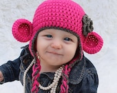 Bright Pink Monkey Hat with Grey Trim and Flower- Choose your size