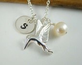 Personalized Hummingbird Charm Necklace, Initial Necklace, ALL Sterling Silver