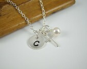 Boy Girl Initial Small Cross Necklace, Sterling Silver Cross Charm, Baptism Confirmation Gift