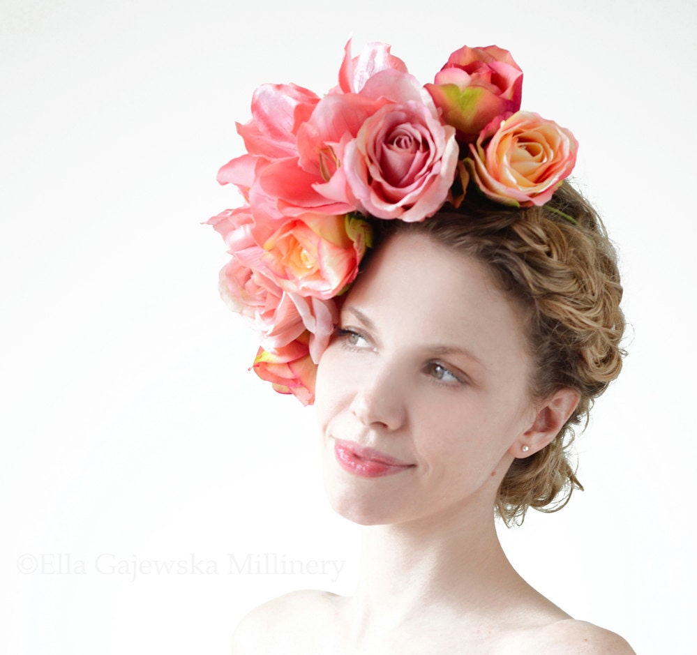 Floral Rose Lilly Crown Fabric Flowers Pink Powder Oversized Pinks Yellow Headpiece Wreath Wedding Whimsical Bridal Garden Summer Party