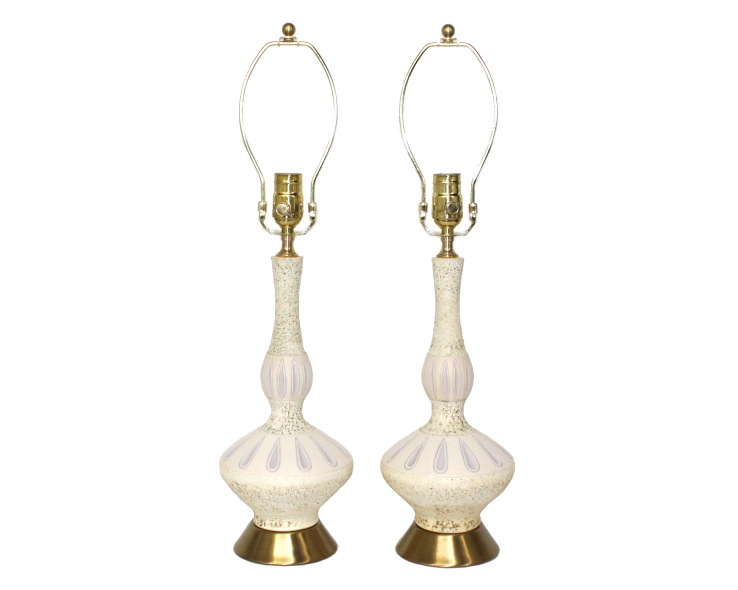 Pair Mid-Century Modern Lamps . Genie Bottles in Off-White and Pale Violet . Bedroom or Desk Size