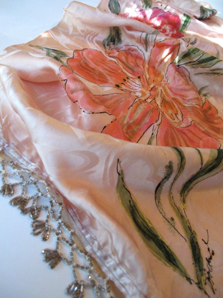 Scarf Hand-Painted Silk Jacquard Long Scarf  With Fringe-Floral
