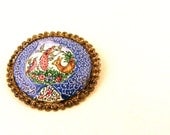Antique Persian Brooch Enamel Hand Painted Woodland Animal Blue