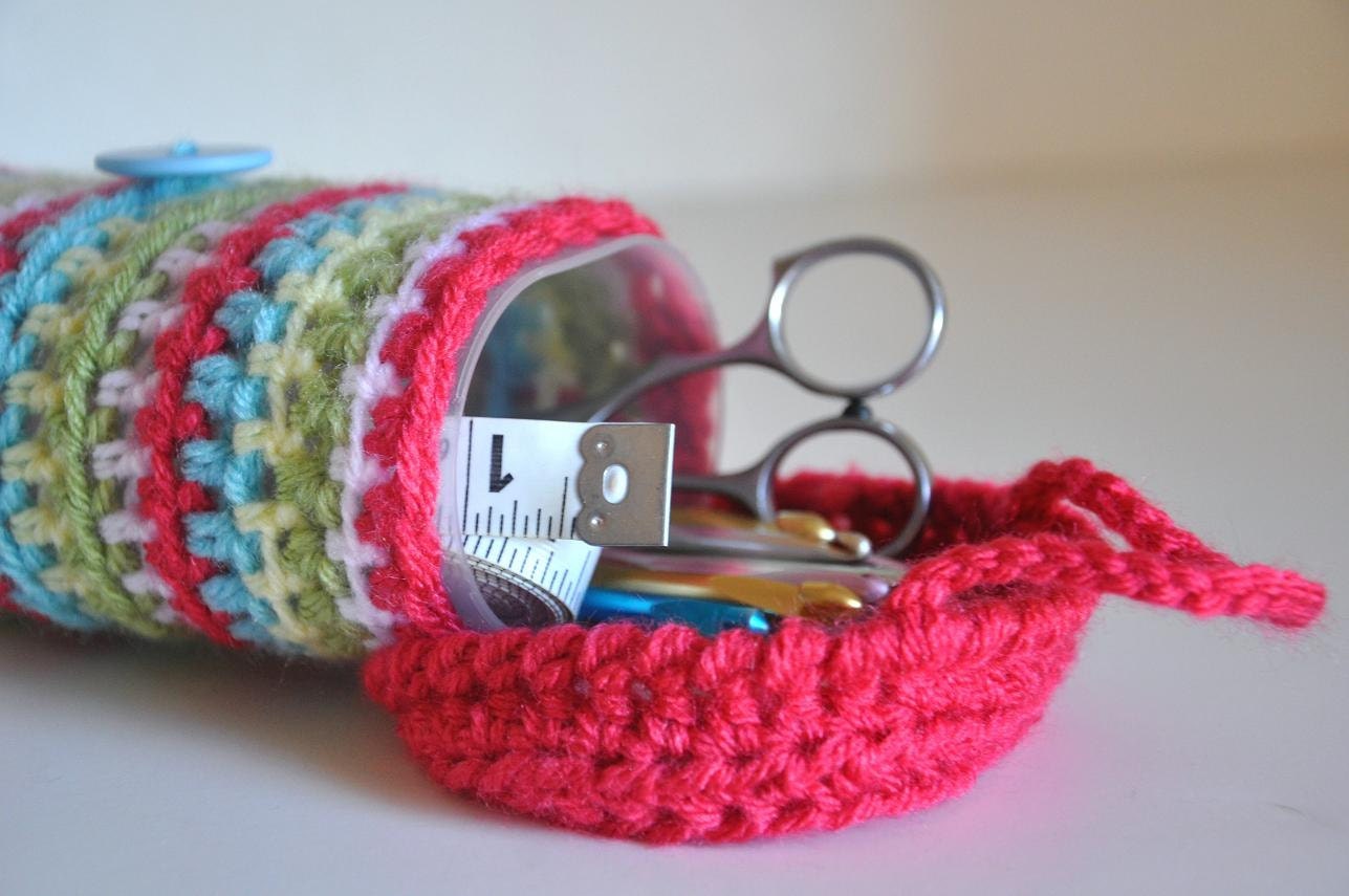 Upcycled Tool Container Crocheted Colorful Striped Crayon Caddy