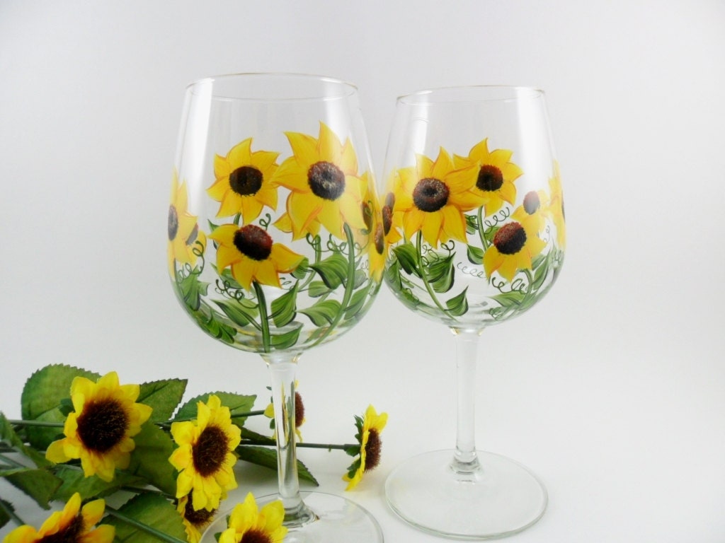 Wine Glasses Hand Painted Sunflower Set of 2