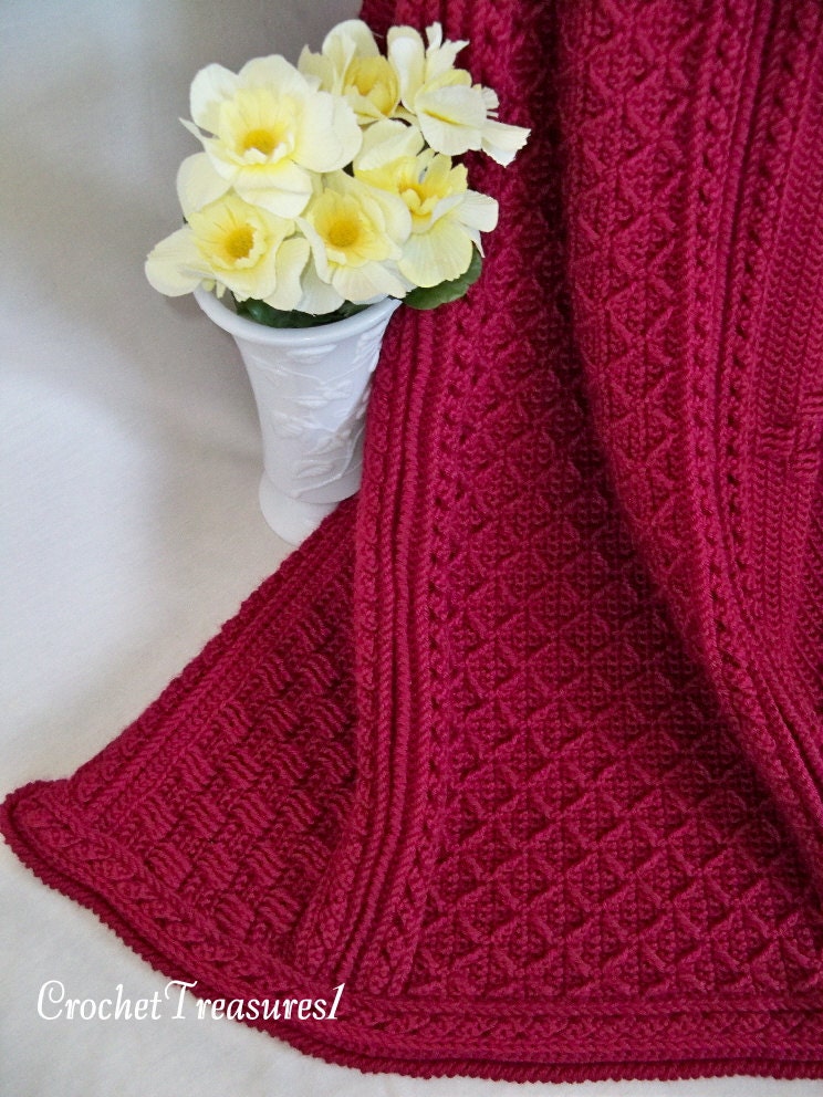 Burgundy Aran Afghan / new / handmade / throw blanket / decorative / thick / soft / diamonds / textured / unique / elegant / warm / rich