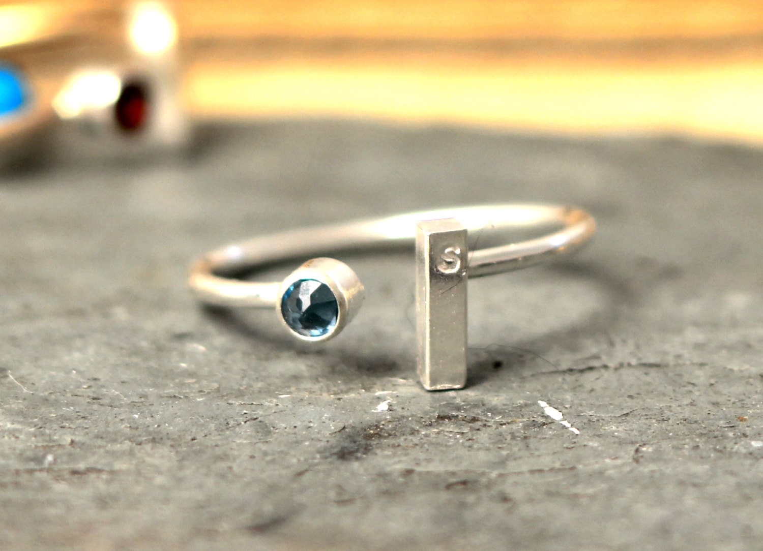 Gemstone Initial Ring- Adjustable Stacking Silver Ring W Genuine Blue Topaz Birthstone and Silver Rectangle inital Bar By Pale Fish NY