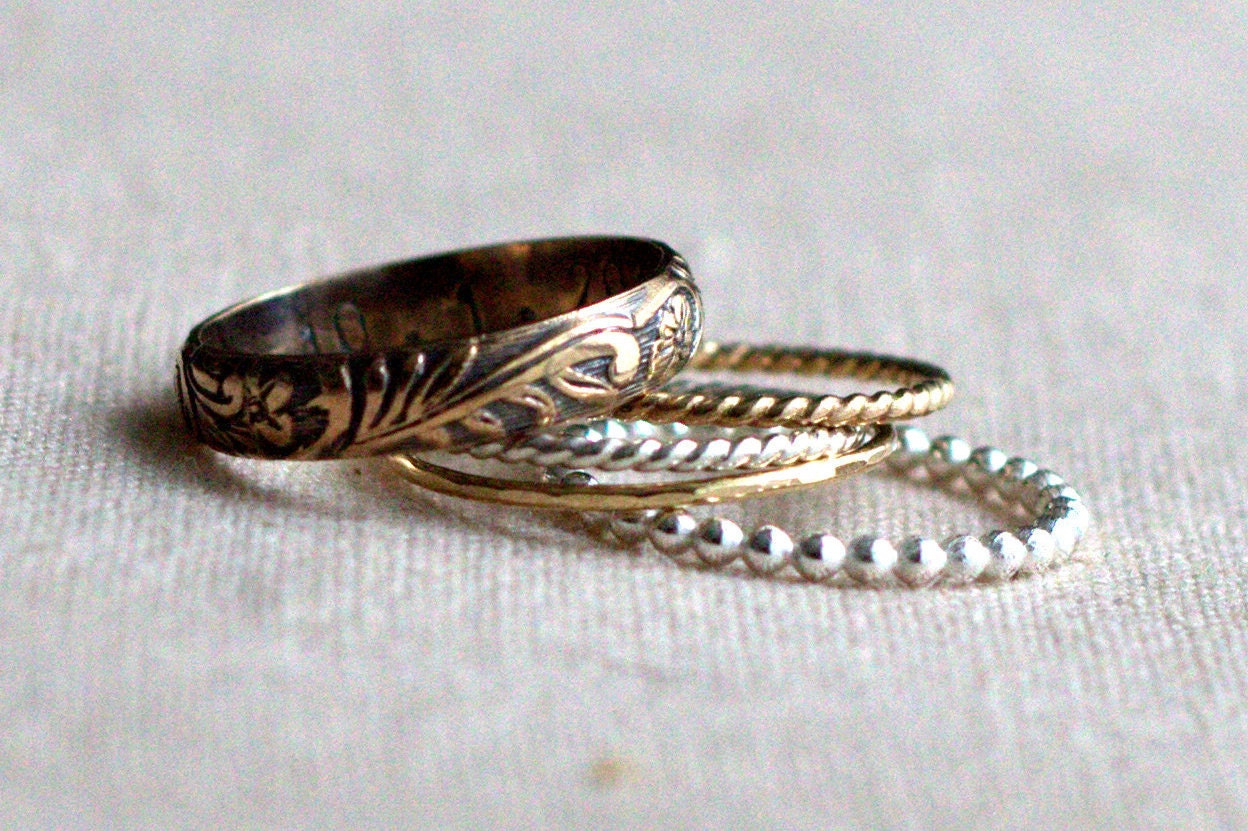 Romantic Antique 5 Stacking Ring Set- Gold and Sterling Silver Classic Combination
