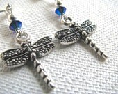 Nature Series:  Silver Dragonfly and Iridescent Blue Swarovski Crystal Dangly Ball Stud Post Earrings