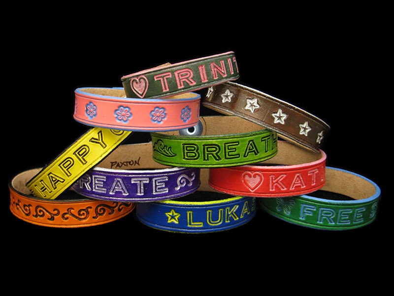 Custom Genuine Leather Hand Painted Name, ID or Phrase Bracelets Handmade for Kids / Children & Adults, 17 Different Colors