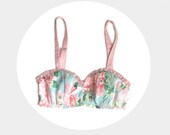 Mint and Pink  'Flora' Bra Large Print Floral with Polka Dot Ruffle Detail Made to Order by Ohhh Lulu