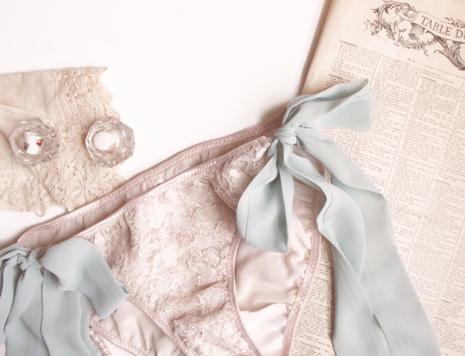Side Tie  'Luna' Lace Panties in Champagne & Seafoam  Made to Order